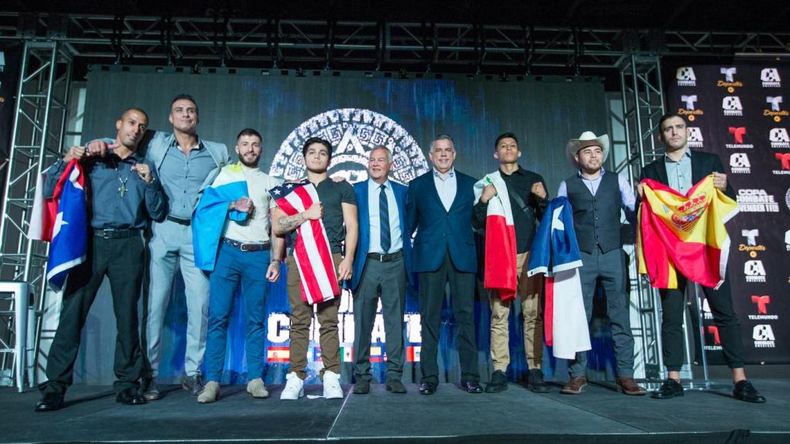 Combate Americas and Telemundo Deportes announced at a news conference on Wednesday, Oct. 4 in Miami, a landmark partnership to produce the first Telemundo broadcast of a live mixed martial arts event. COPA COMBATE is an epic, one-night, eight-man tournament on Nov. 11, with the winner earning $100,000. WWE alum Alberto Del Rio (second from left) participated in the conference, which included some of the combatants.