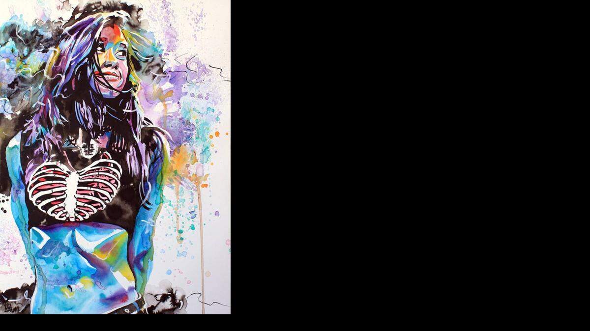 
This vision of WWE Divas’ champ AJ Lee captured on canvas by talented artist Rob Schamberger.
