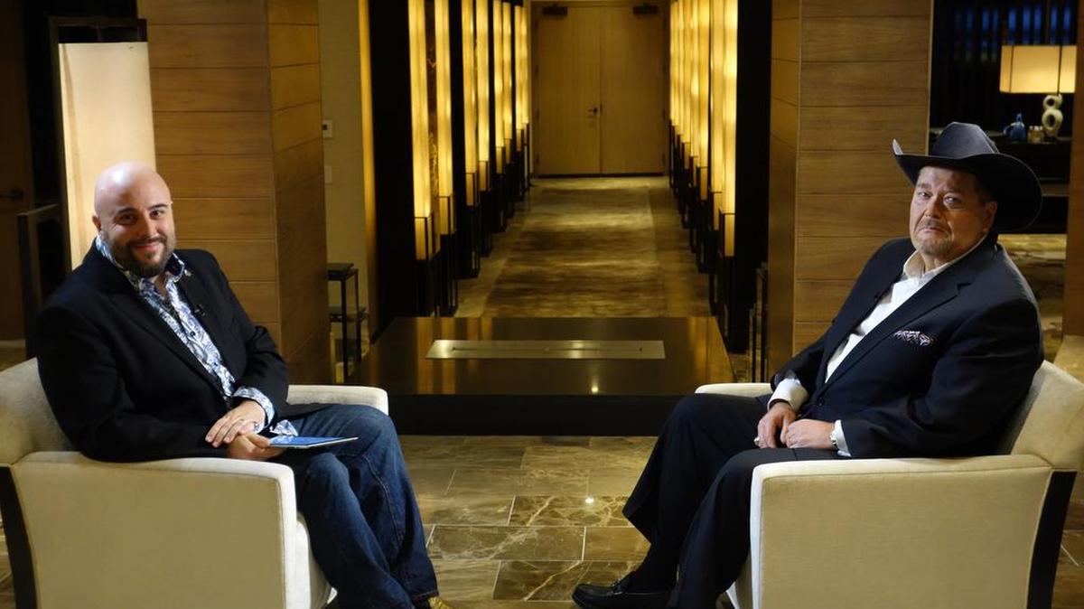 WWE Hall of Famer Jim Ross (right) is interviewed by renowned combat sports commentator and journalist ‘The Voice’ Michael Schiavello for a special on Friday, March 4 on AXS TV.