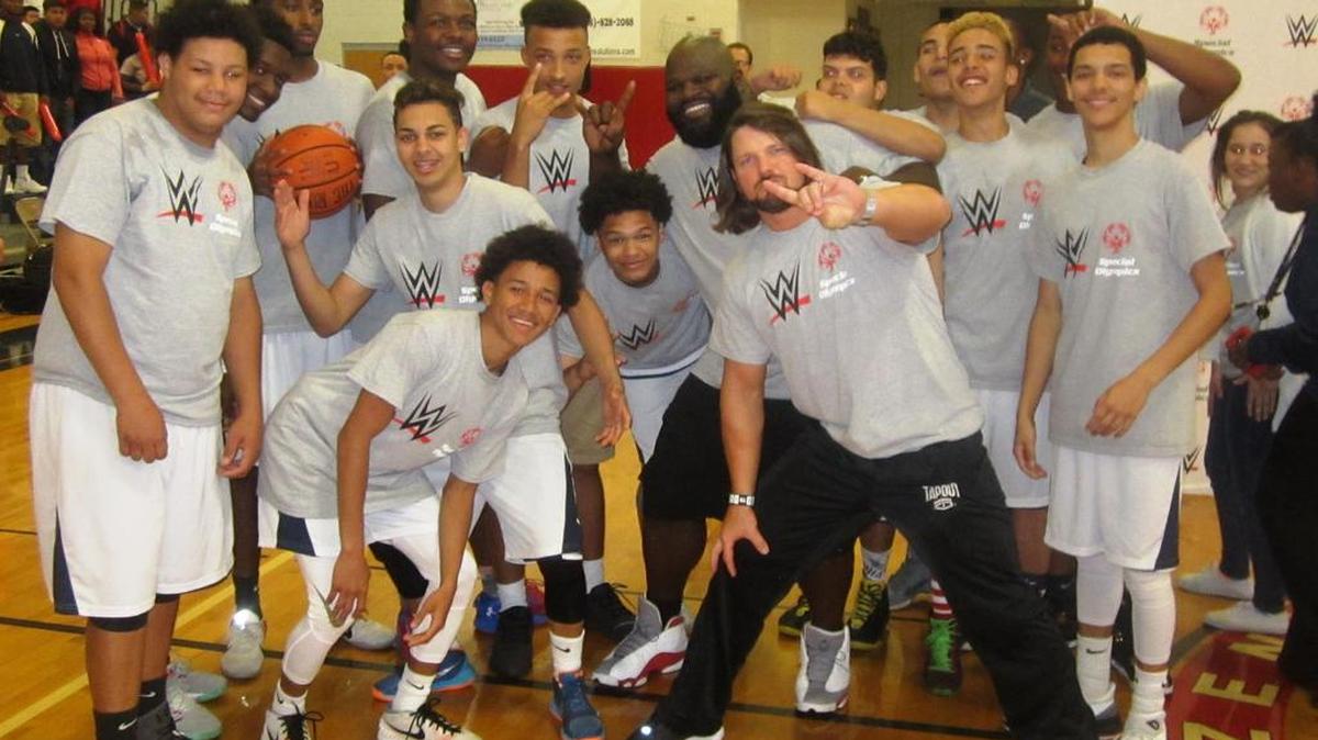 WWE Superstars Mark Henry and AJ Styles were honorary coaches for Poinciana High School in a Special Olympics Unified basketball game against St. Cloud High School on Thursday, March 30 at Poinciana High School in Kissimmee. The game was hosted by WWE and Special Olympics Florida as part of WWE giving back to the area WrestleMania community during WrestleMania Week Orlando/Orange County.