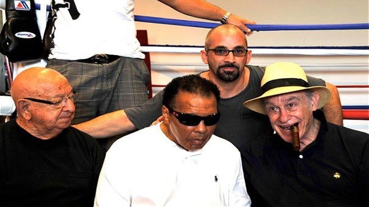 Decades of boxing wisdom in one picture. From left to right: cornerman Angelo Dundee, Muhammad Ali, trainer Matt Baiamonte and historian Bert Sugar.