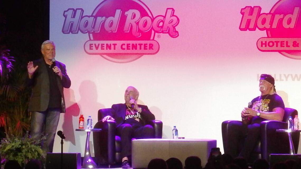 Eric Bischoff (left), co-host of the new weekly podcast '83 Weeks with Eric Bischoff' on Westwood One, hosted the Legends of the Ring, featuring Ric Flair (center) and Hulk Hogan, on Saturday, June 9 at the Hard Rock Event Center at the Seminole Hard Rock Hotel & Casino in South Florida near Hollywood. Jimmy Hart was the emcee.