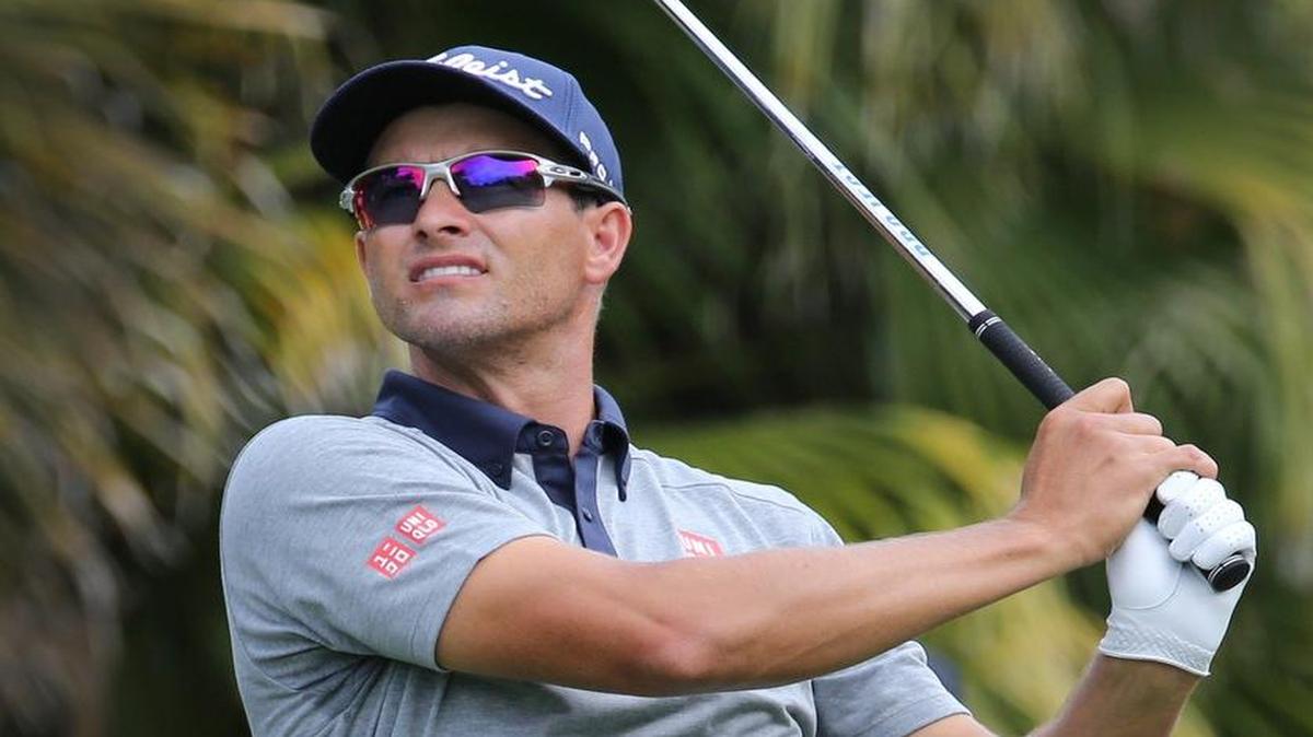 Adam Scott, who won last week at the Honda Classic, admires his shot on the 13th hole during his first-round 68. He is two shots behind.