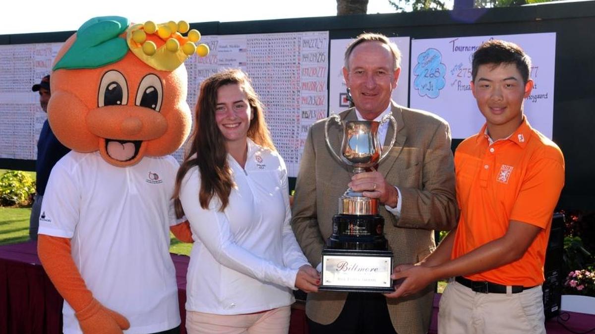 Lily May Humphries (2nd from left) and Jerry Ji (right) were runaway winners at the 54th Junior Orange Bowl International golf tournament Saturday