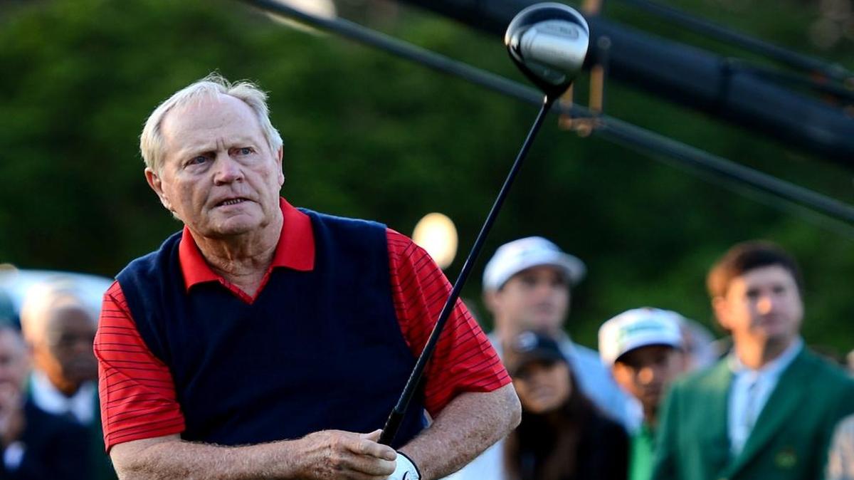 Jack Nicklaus watches his drive from the first tee box Thursday, April 9, 2015. Nicklaus along with Gary Player and Arnold Palmer were honorary starters of the 2015 Masters Tournament at Augusta National Golf Club.