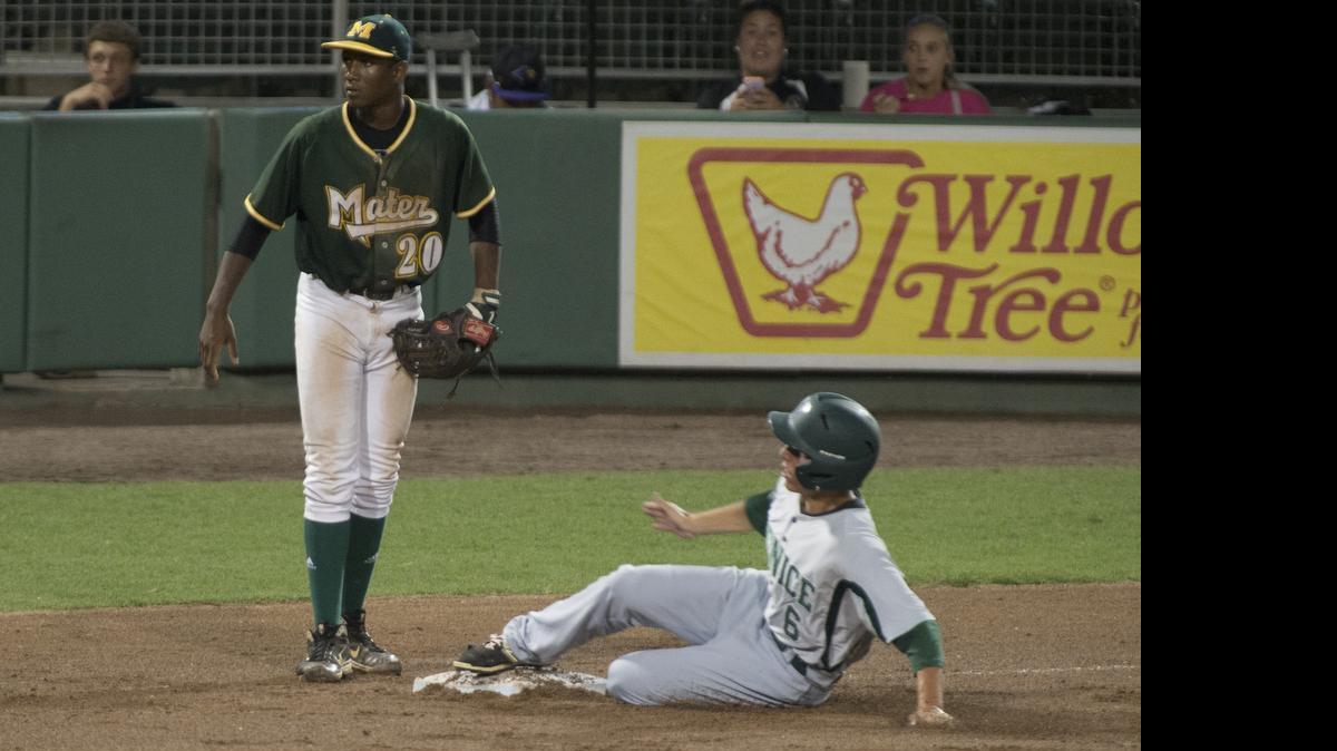 
Venice’s Brent Killam slides safely into third base as Mater Academy third baseman Lazaro Rodriguez looks on during a Class 6A semifinal at JetBlue Park in Fort Myers on Friday, May 15, 2015. 

