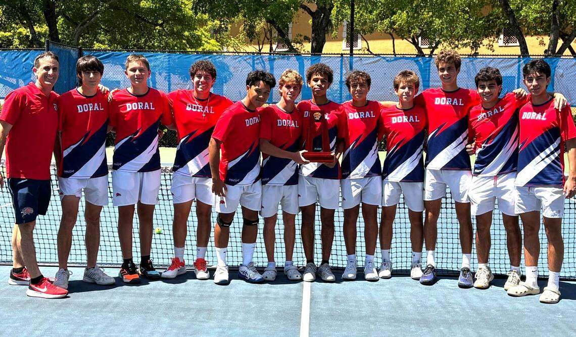 The district champion Doral Academy boys’ tennis team.
