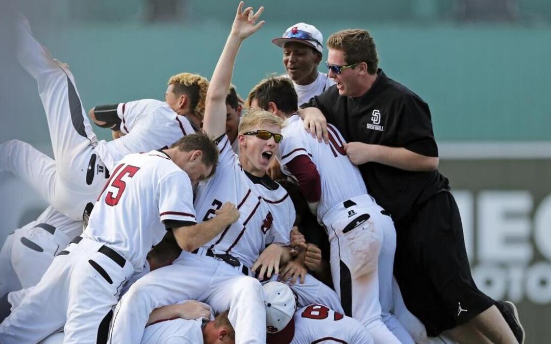 Stoneman Douglas player, Brandon Kaminer (22), front and center, celebrates as teammates pile on after defeating Christopher Columbus 3-0 for 9A State Championship game in Fort Myers on Sat., May 21, 2016.