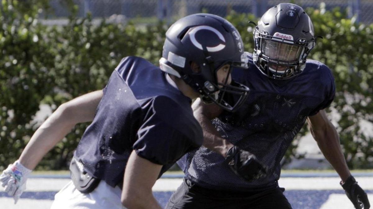 Strong safety Courtney Holmes, right, covers his man during Columbus football practice.