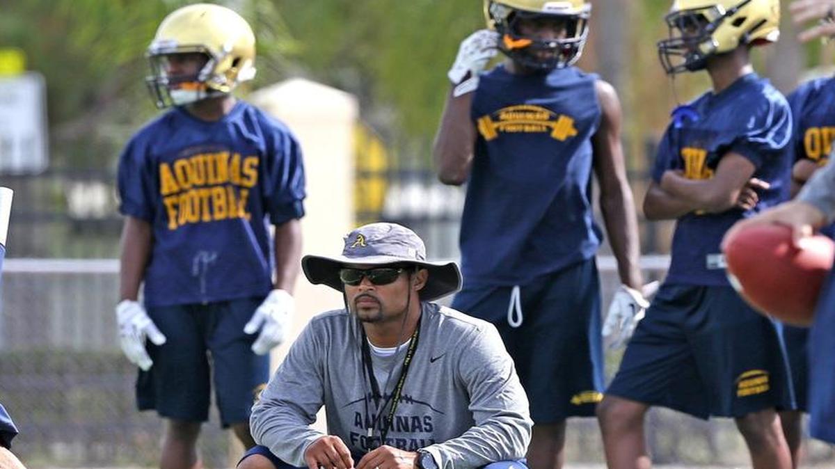 
New St. Thomas Aquinas head coach Roger Harriott looks on during practice in Fort Lauderdale on Monday, Aug. 3, 2015.

