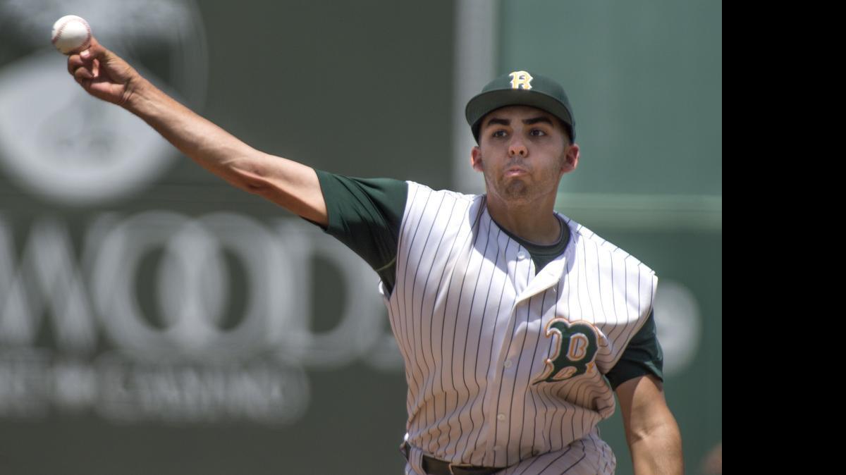 
Brito Miami pitcher Marco Bolano throws in the second inning of a Class 2A semifinal against Vero Beach Master's Academy on Wednesday, May 13, 2015 at JetBlue Park in Fort Myers.
