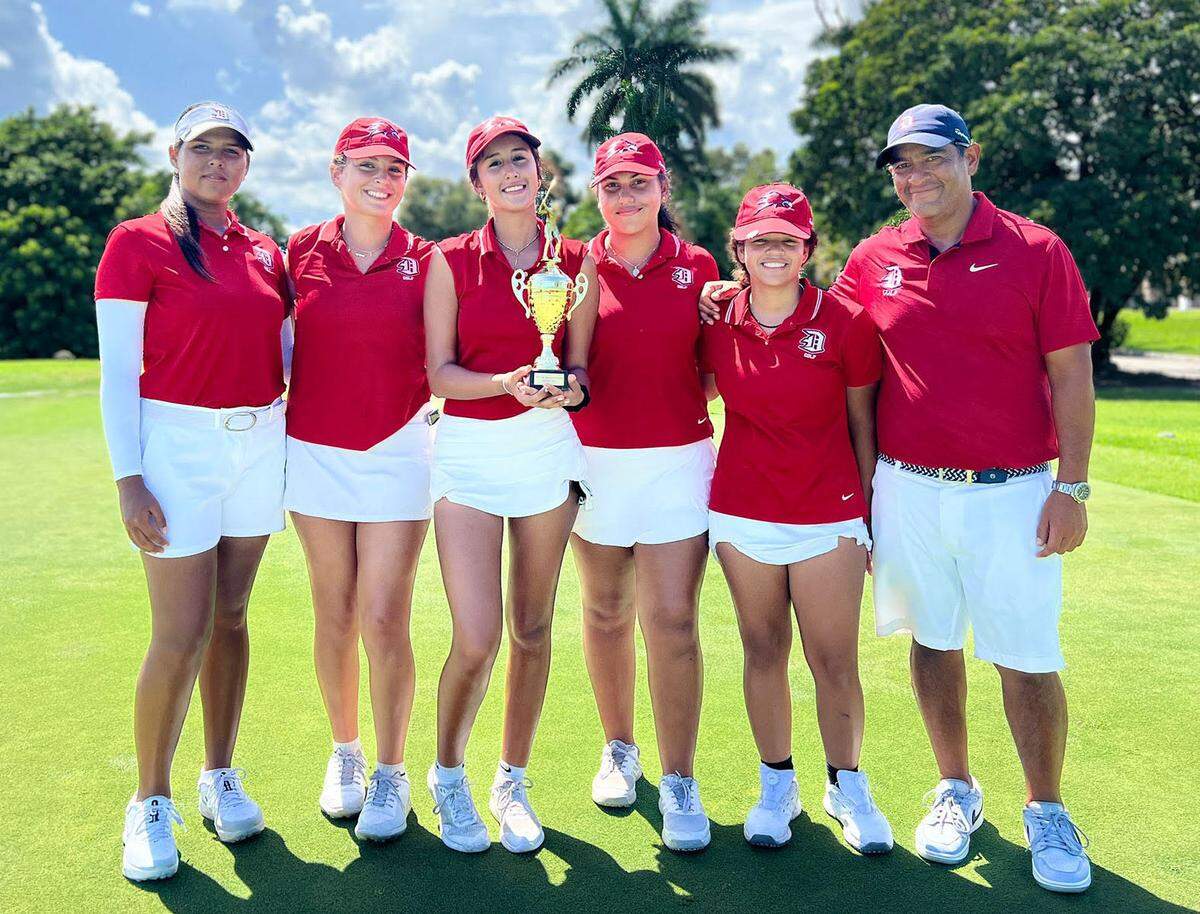 Thursday August 26. 2022 -&nbsp; This is at the Lady Maverick Invitational hosted by Arch Bishop McCarthy. &nbsp; The Doral girl’s golf team finished 3rd overall out of 13 teams and was the top team from dade county.&nbsp; &nbsp;The team was led by senior captain Gabriella Gomez +3 (74) and freshman Isabella Russo +6 (77)&nbsp;Pictured left&nbsp;to right: Isabella Russo, Gabriella Gomez, Manuela Suarez, Maria Quintero , Mia Caraballo and Coach Armando Echeverria.Credit: Doral Academy Prepartory School