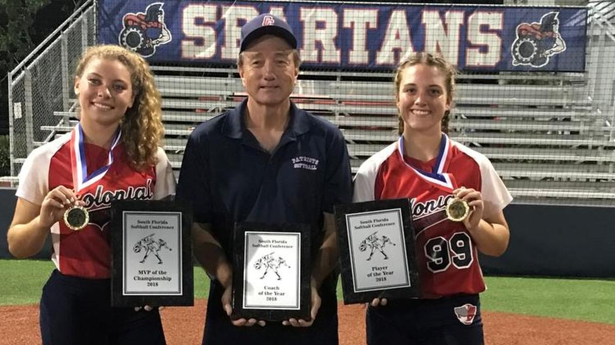 From left to right, Colonial Christian’s Ariana Long, Lou Martinez and Morgan Wells were voted Player of the Game, Coach of the Year and Conference Player of the Year, respectively during Friday night’s South Florida Conference Championship Game at Miami Country Day.