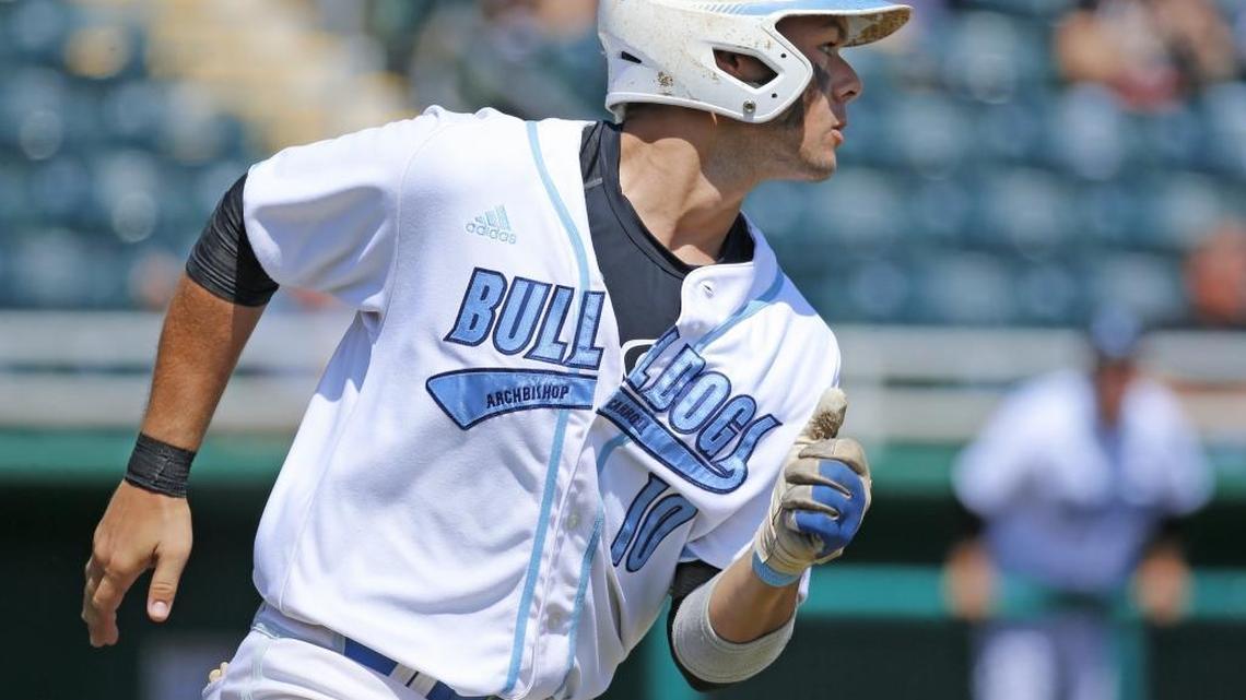 Archbishop Carroll's Jonathan Leon (10) singles in the fourth inning against University Christian in Class 3A state semifinal at Centurylink Sports Complex - Hammond Stadium in Fort Myers on Fri., May 26, 2017.
