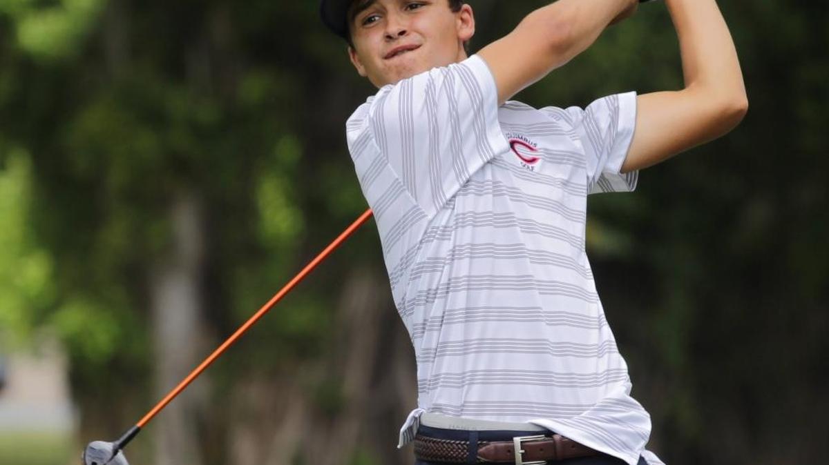 
Rafa Martinez of Columbus High hits a drive on the 17th hole during the Youth Fair boys’ golf Invitational at Palmetto Golf Course on Tuesday, Sept. 15, 2015 in Miami, Florida.
