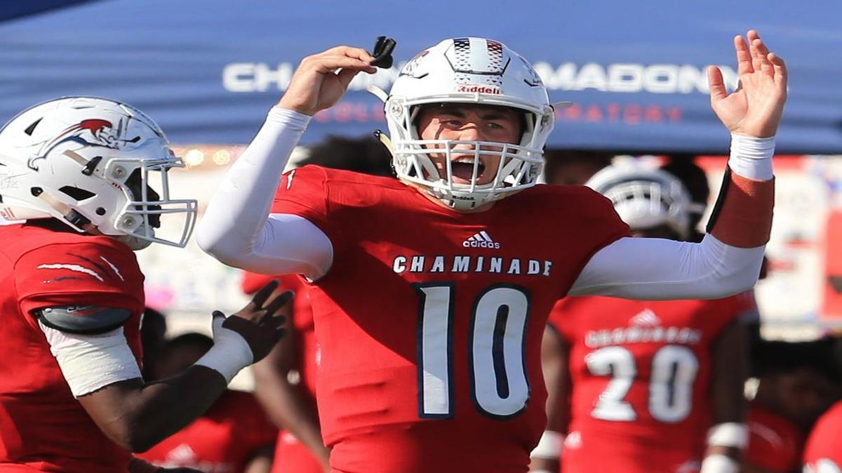 Chaminade quarterback Daelen Menard (10) hollers as Chaminade-Madonna College Preparatory hosts NSU University School in Hollywood on Friday, Nov. 3, 2017.