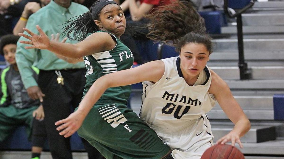 Miami High’s Alondra Angulo drives past Flanagan’s Dimonique Wilburn during a girls’ regional game between Flanagan and Miami High on Tuesday, Feb. 10, 2015.