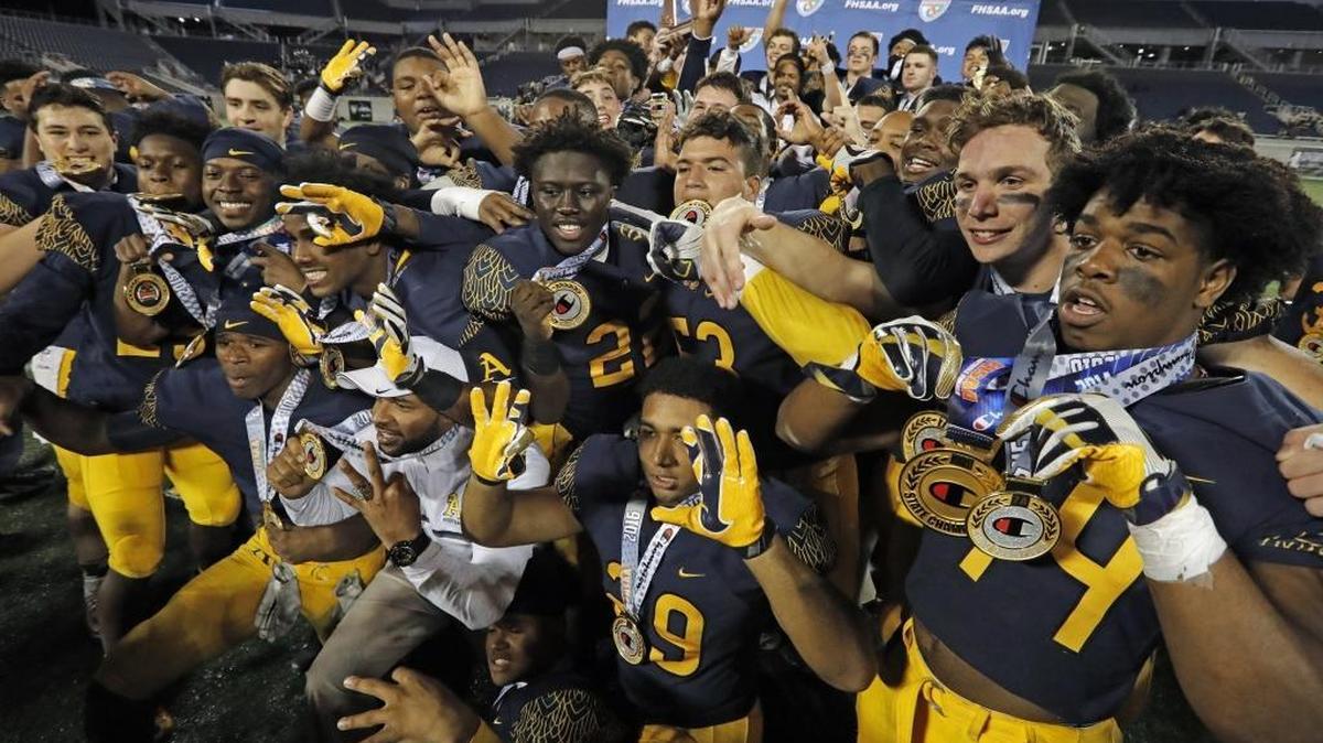 St. Thomas Aquinas, seen here celebrating last year’s Class 7A state championship at Camping World Stadium in Orlando on Friday, December 9, 2016, enters the season ranked No. 5 nationally by multiple polls.