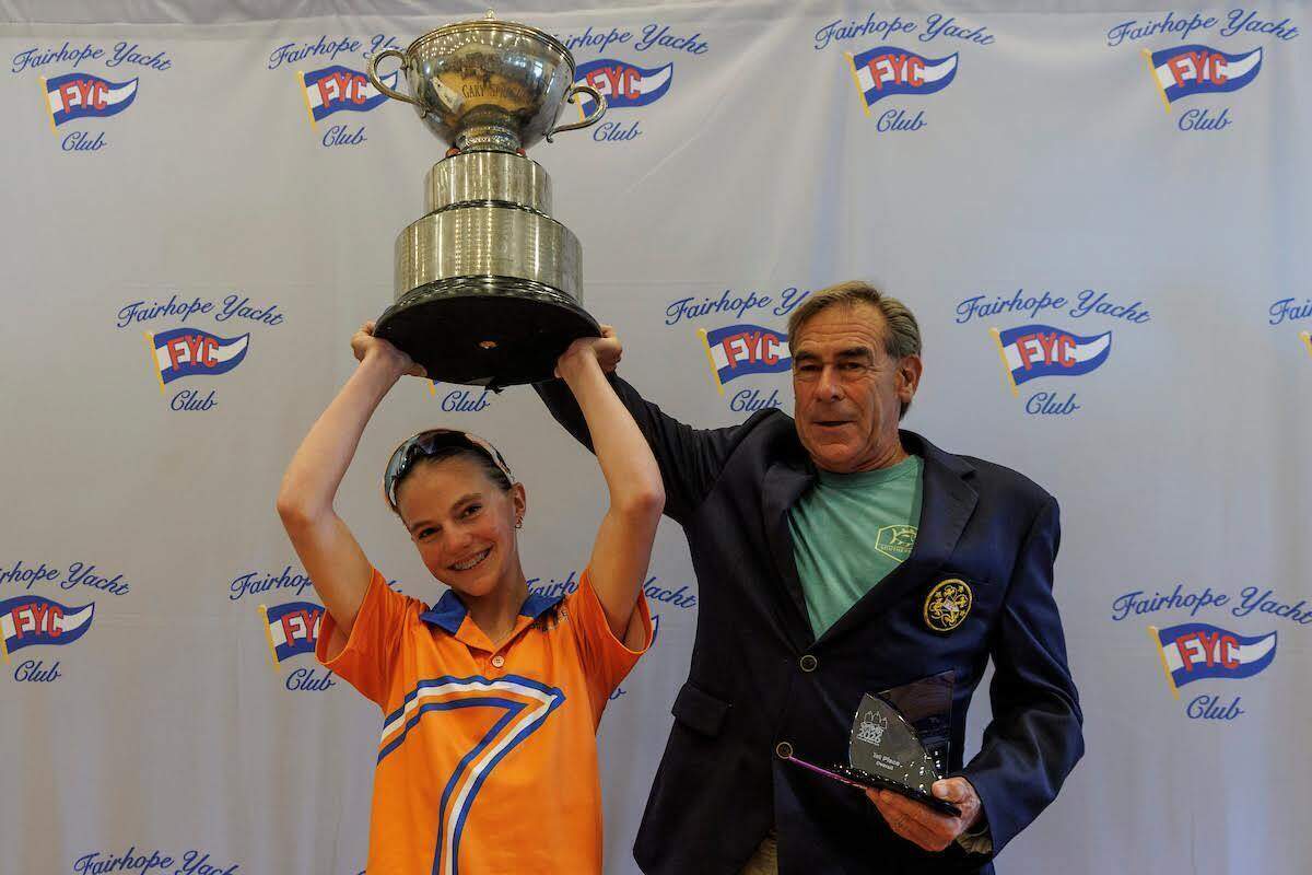 Audrey Roachell of Palmer Trinity School was first at a sailing event under the auspices of the United States Optimist Dinghy Association (USODA) near the Fairhope Yacht Club (FYC) in Fairhope, Alabama.