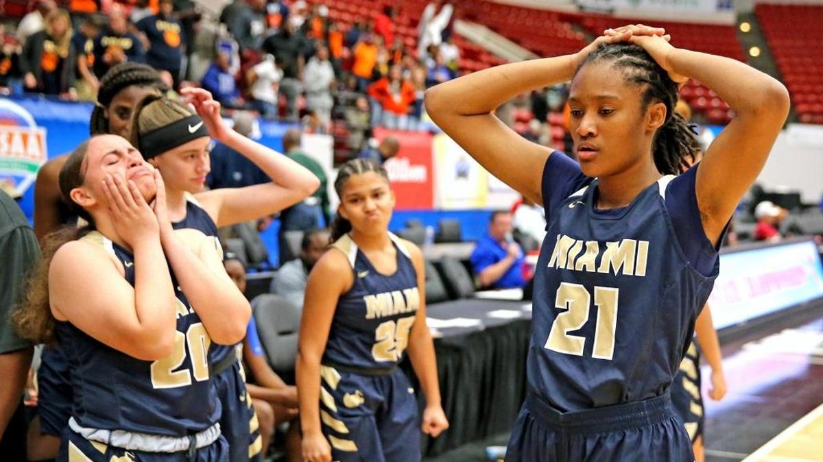 Miami High’s Colleen Bucknor reacts after they were defeated in the final second of the game by Spruce Creek in the 9A Finals in the Girl'’ 2018 Basketball Championships in Lakeland on March 3, 2018.