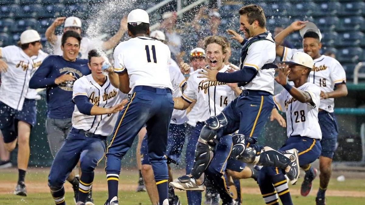 St. Thomas players celebrate with pitcher Isaiah Hood (11) after defeating Sarasota in Fort Myers on Saturday for the Raiders’ first baseball championship since 2003.