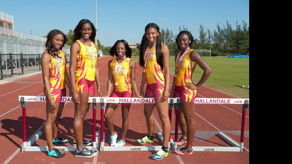 
Hallandale High track team members, from left, Chanel Freeman, Aisha Nelson, Dariel Green, Kimani Rushing and Lamisha Simmons are pictured Friday, Feb. 13, 2015.

