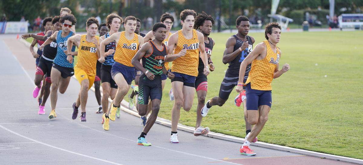 Marcelo Mantecon (6), Jack Michalak (10) and Matthias Murrle (8) of the Belen Jesuit boys’ track & field team during the 1,600 race at the Region 4-3A Track & Field Championships in Miramar.