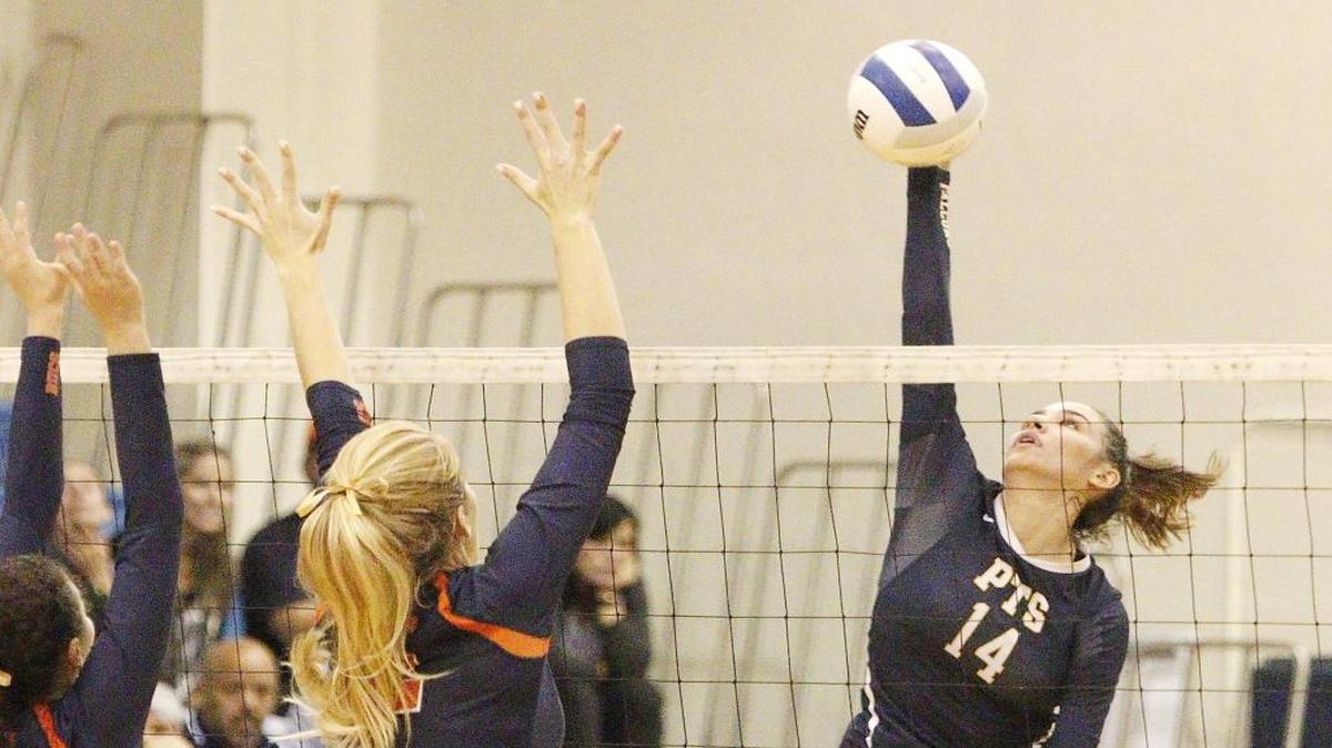 Palmer Trinity’s Ashley Quero (14) spikes the ball against Benjamin School during the Class 4A state volleyball semifinal game on Saturday, Nov. 5, 2016, at Belen Jesuit Prep in Miami. She had 15 kills, 18 digs and four blocks to lead Palmer.