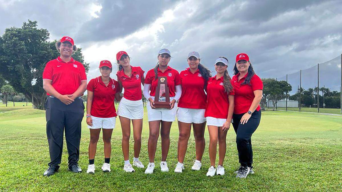 Doral Academy girls golf team wins 2023 3A Districts. (Left to right): Coach Jamal Mathurin, Mia Caraballo, Manuela Suarez, Isabella Russo, Maria Laura Quintero and Tatyana Villegas and team assistant Jenilee Chans. The girls golf team won first place with a score of 300 in Districts.
