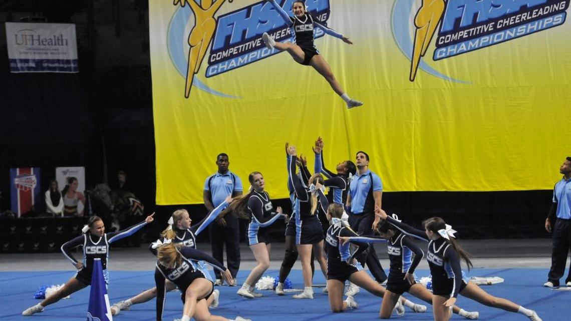 Coral Springs Charter competes in the Class 1A small non-tumbling finals of the FHSAA Competitive Cheerleading State Championships on Sunday at the University of Florida's Stephen C. O'Connell Center. The Panthers won their first state title in school history after two straight years of runner-up finishes.