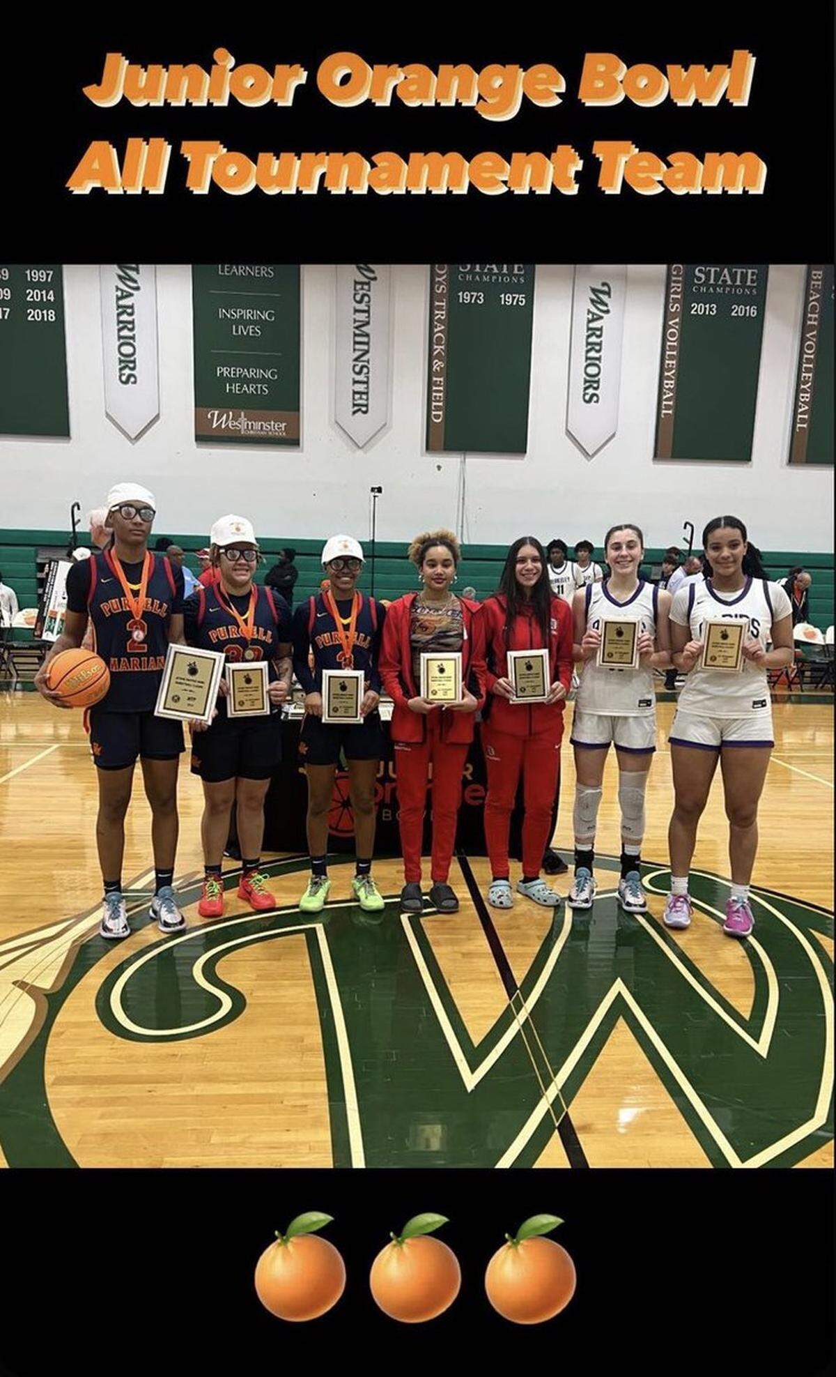The All Tournament team in the girls’ division of the 2023 Junior Orange Bowl Basketball Classic at Westminster Christian School in Miami.
