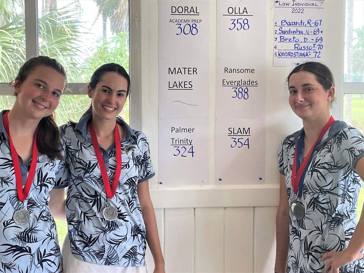 Palmer Trinity golfers (from left) Sydney Powell, Sofia Hegewisch and Remi Bacardi at the Miami-Dade County Fair & Exposition Golf Invitational.