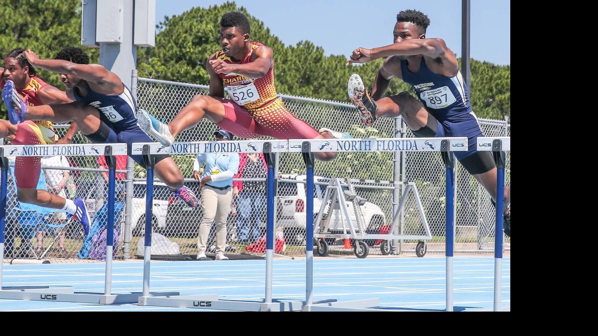 
Hallandale's Antwuan Musgrove (526) runs in a 110 hurdles qualifier during the FHSAA Class 1A and 2A Track and Field championships at University of North Florida in Jacksonville on Friday, May 1, 2015.
