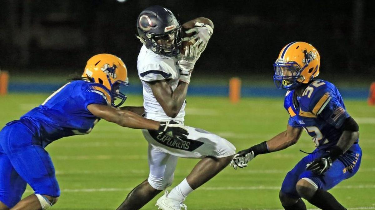 Columbus High’s Tyler Harrell (1) on a reception in the second quarter during game against Northwestern High School at Traz Powell Stadium on Fri., Sept. 1, 2017.