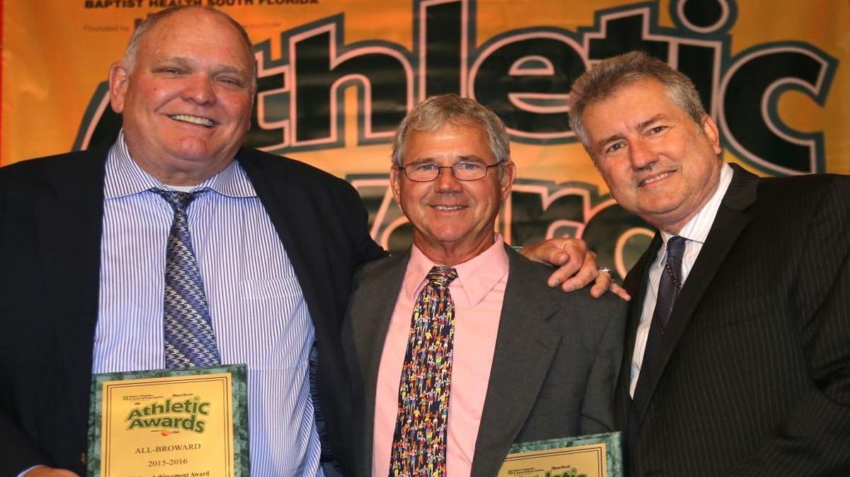 2015-2016 Miami Herald's Lifetime Achievement Award is presented to Jay Connolly, left, David Shepard, center, with Miami Herald's Bill Daley. The Miami Herald's All-Broward Athletic Awards banquet was held on Tues., May 24, 2016 inside the Signature Grand Ballroom in Fort Lauderdale, Florida.
