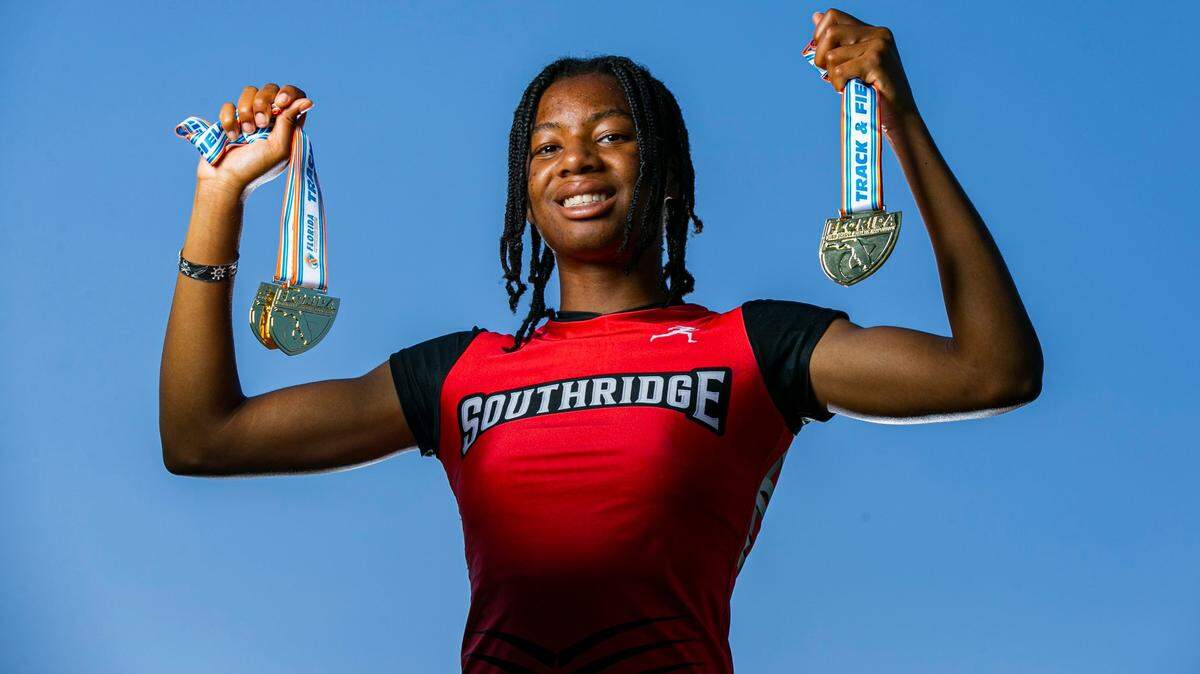 Dade Track and Field Player of the Year Alyssa Jones, from Miami Southridge Senior High School, is photographed at A.D. Barnes Park in Miami, Florida on Wednesday, May 18, 2022.