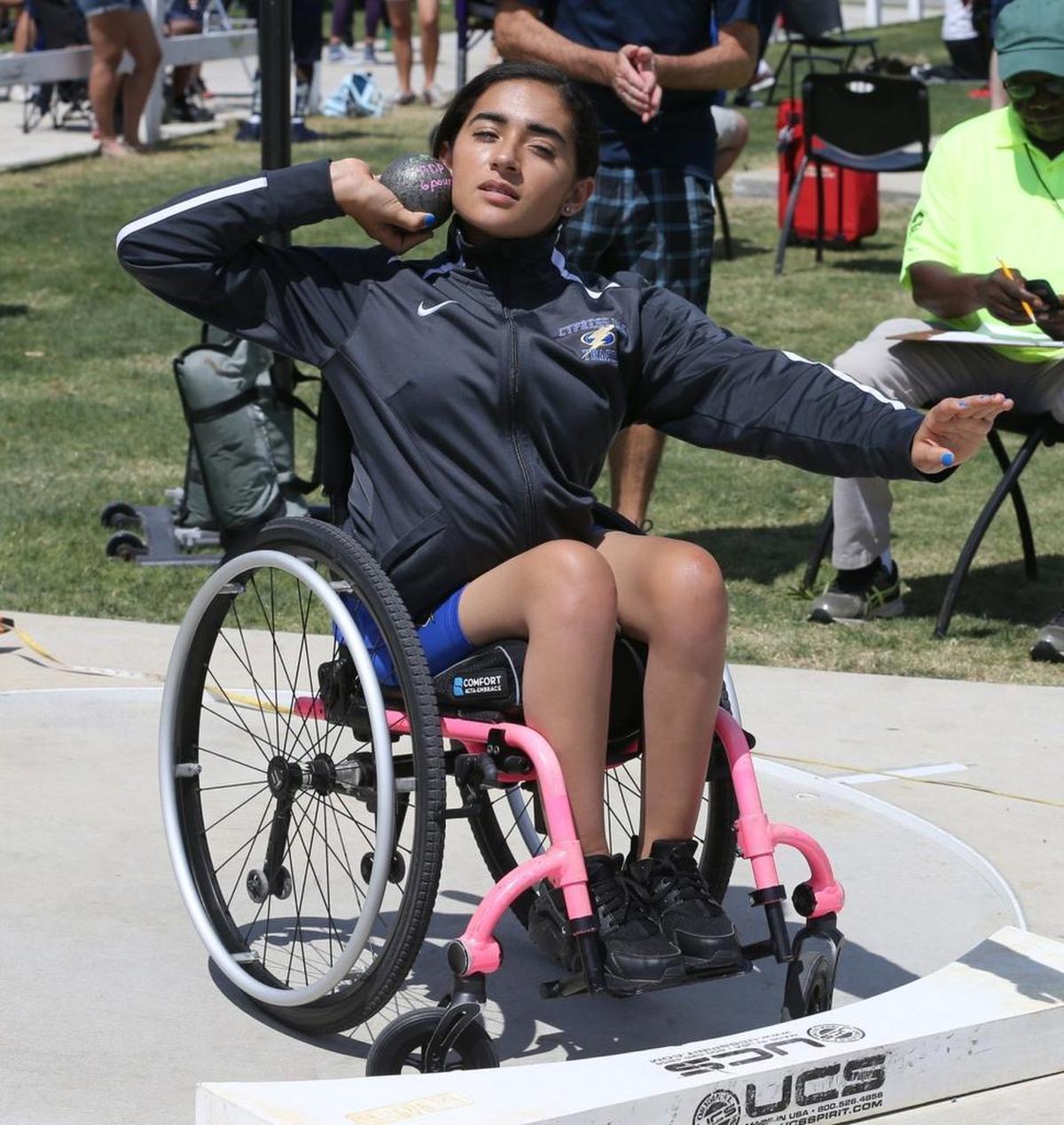 Cypress Bay sophomore Isabella Matos does the shot put in the Adaptive class at the FHSAA Track and Field State Championships at the IMG Academy in Bradenton, Fl, May 6, 2017.
