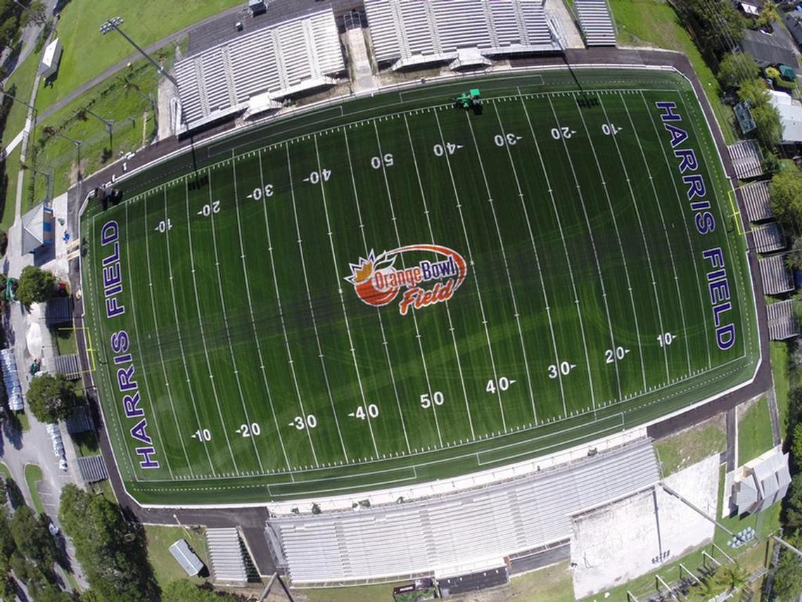 An overhead shot of Homestead’s Harris Field, which had $2.1 million in renovations made thanks to a partnership between the Orange Bowl Committee and the city of Homestead. Orange Bowl Field at Harris Field Park has become a state-of-the-art football facility that is home of eight high school football teams as well as the Orange Bowl Youth Football Alliance’s youth football team in the region.