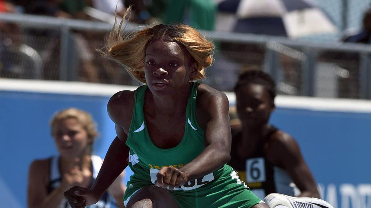 Tiara McMinn of Miami Jackson High ran a 14.75 in the girls 2A varsity 100m hurdle event at the 2016 FHSAA State Meet held at IMG Academies in Bradenton.