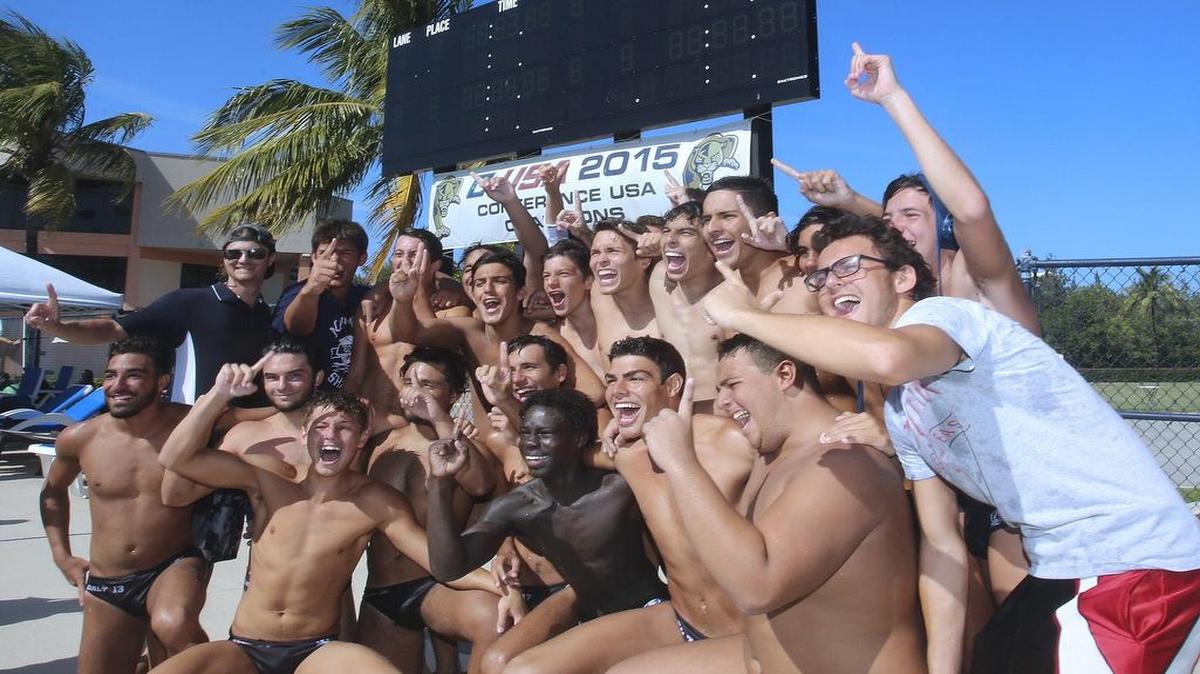 After their 8-7 win in overtime, the Alonzo and Tracy Mourning Senior High School Sharks celebrate winning the boys water polo state play-in match against the Miami Counry Day Spartans on Saturday, April 9, 2016 at the Florida International University North Campus aquatics center in North Miami.