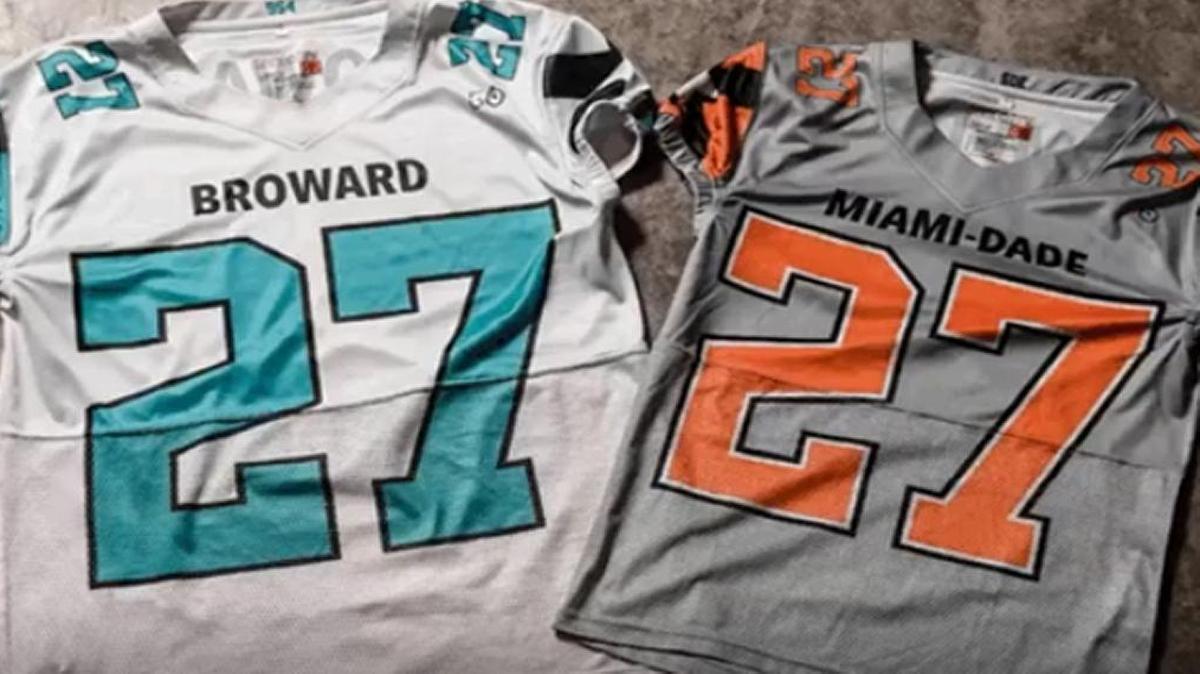 The uniforms for Friday’s seventh annual Miami Dolphins Dade vs. Broward All-Star Game at Traz-Powell Stadium.