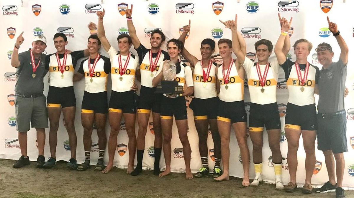 For the second consecutive season, Belen Jesuit Crew won the Boys Lightweight Youth 8+ on Sunday during the USRowing Youth National Championships at Nathan Benderson Park in Sarasota. The champs are from left, Head Coach Yunian Cabrera, Jonathan Menendez, Carlos Marin, Jorge Garcia-Sarraff, Daniel Giacosa, Santiago Ugas, Rodrigo Marin, Alejandro Pacios, Ivan Cabrera, Hunter Prindle and Assistant Coach Rolando Gamon.