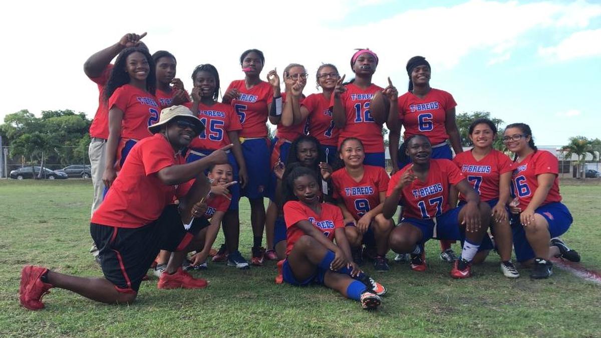 The Hialeah High flag football team poses for a photo after its victory over Miami High in the Region 4-2A final on Tuesday.