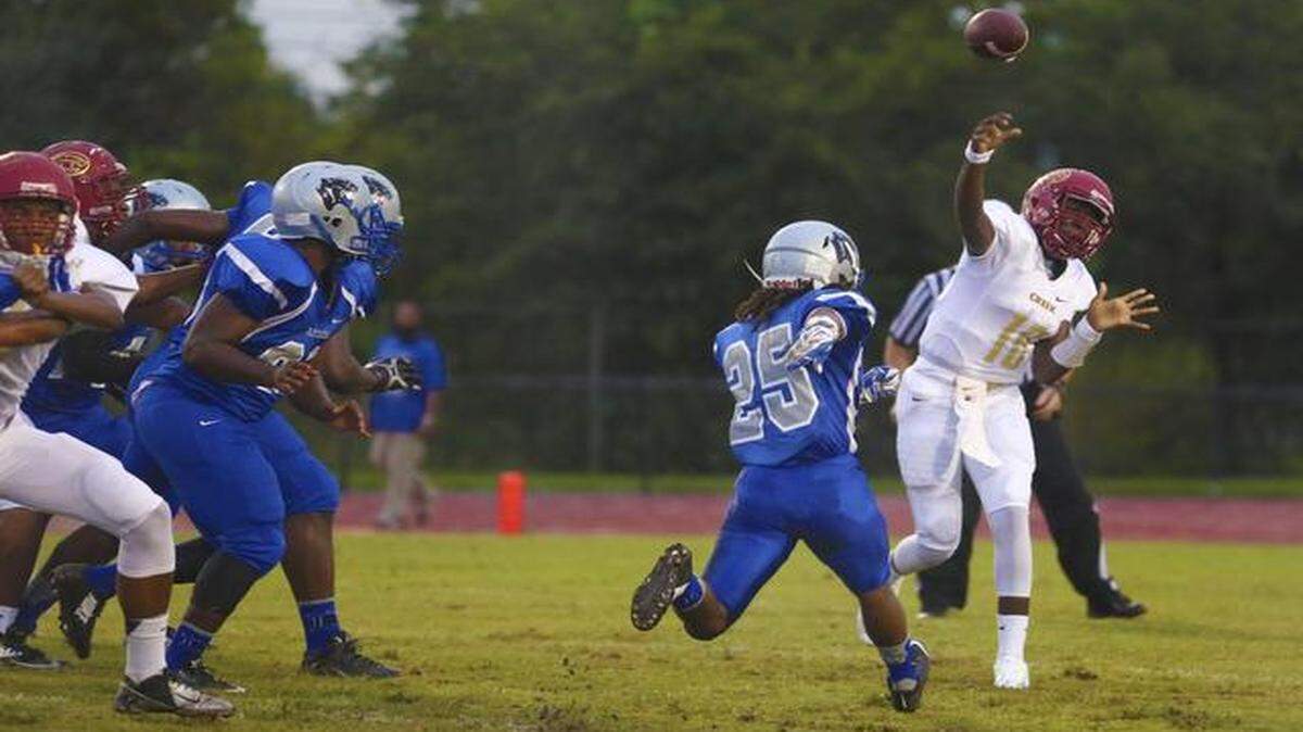 
Coconut Creek's quarterback Jhakari Harrison throws during the football game between Dillard and Coconut Creek at Dillard on Friday, Sept. 19, 2014.
