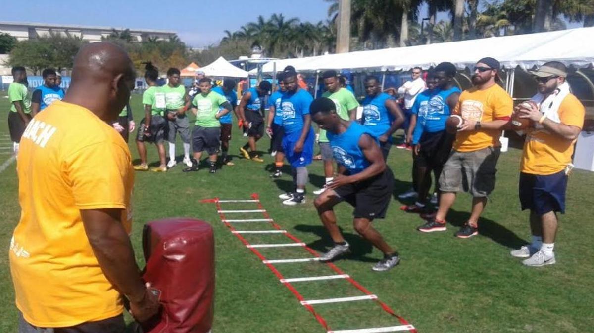 Local kids participating in drills in front of coaches at the showcase held Saturday morning at Nova Southeastern University.
