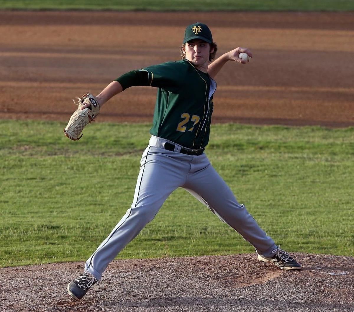 Nova pitcher Trace Moore throws a second inning pitch as St. Thomas Aquinas visits Nova in regional baseball final on Tues., May 23, 2017.