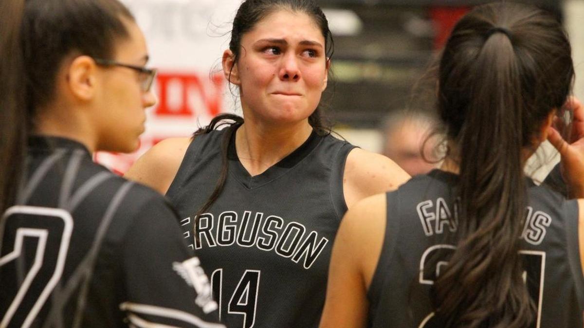 Ferguson guard Natalia Pineda, who missed a last-second shot, is tearful after a 44-43 loss to Vero Beach in a Class 8A state semifinal Friday, Feb. 19, 2016 in Lakeland.