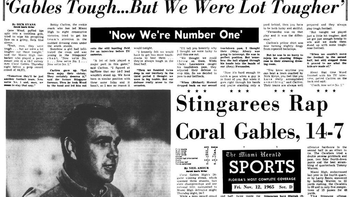 
A look at Miami Herald coverage of the classic game between Miami High and Coral Gables on Nov. 11, 1965 that drew a high-school record crowd at the Orange Bowl. 
