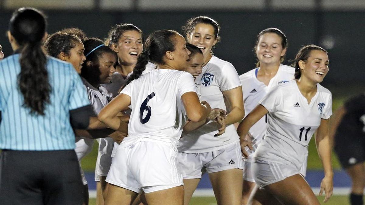 Palmetto players celebrate a goal by Emily Lamas during their victory against Ferguson in the GMAC title game.