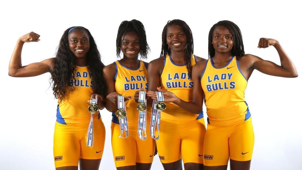 (From left to right) All-Dade County first team track and field athletes A'Sja Baker, Ayoola Gbolade, Shiree Hinds and De'Andreah Young, 4x800 relay of Miami Northwestern Senior High School on Wed., May 11, 2016 in Doral.